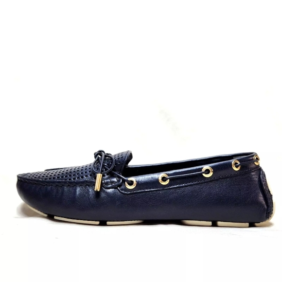TORY BURCH Perforated Leather Driving Mocs Sz 8 Navy Blue Driver Boat Loafers - Picture 5 of 13